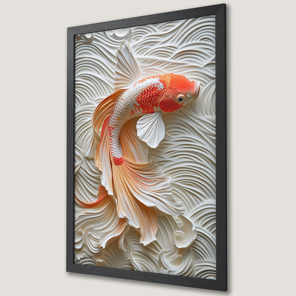 Framed Poster featuring a koi fish in a 3D relief style, with a warm orange and white color palette. Perfect wall art!