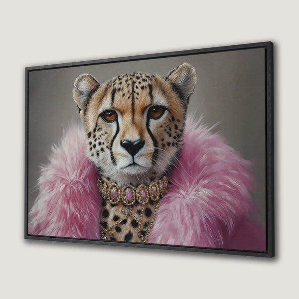 Framed Wall Art Canvas Print featuring a cheetah in pink fur and jewelry. Stylish, pop art with a neutral and pink color palette.