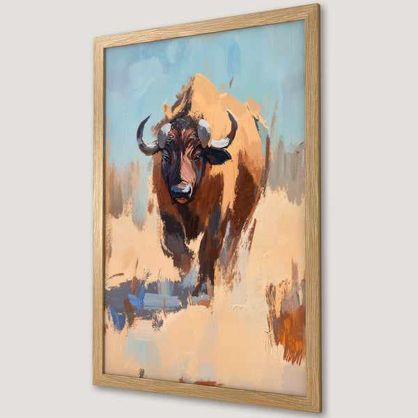 Framed Poster featuring a bison in an impressionist style with a warm, earthy color palette. Add this unique art piece to your home.