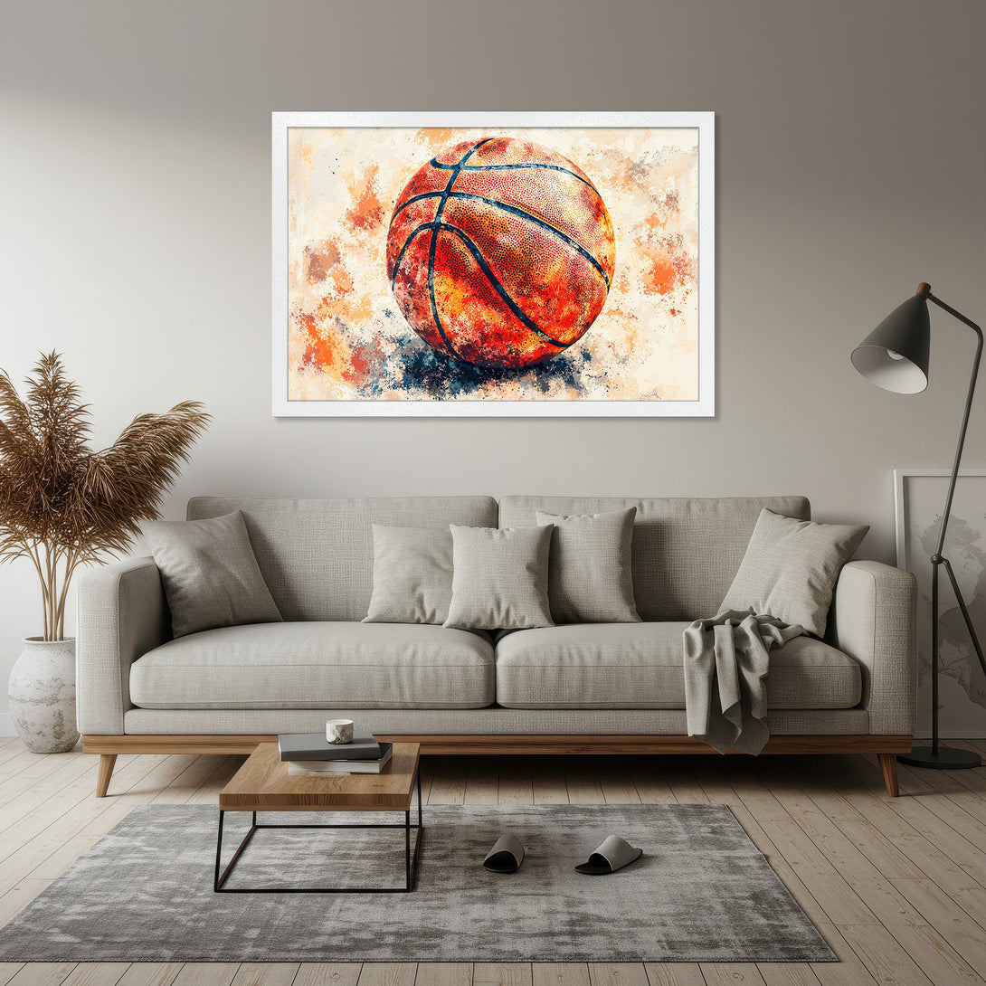 Framed Poster featuring a watercolor basketball in orange and blue hues. Modern art for your home decor.