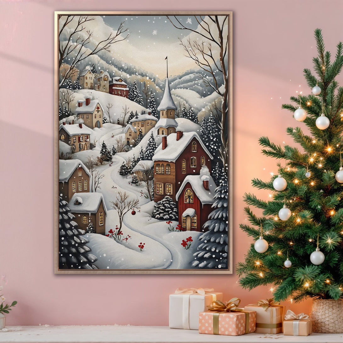 Framed Wall Art: Winter village scene canvas print with a cozy, whimsical style. Features a snowy landscape with red and brown houses, in a neutral color palette.