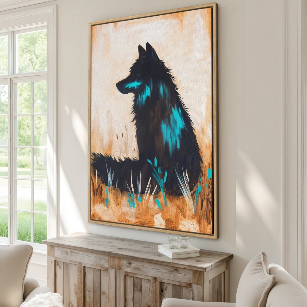 Framed Wall Art: Abstract wolf painting in black & teal, earthy tones. Modern canvas print adds style to any room. Shop now!