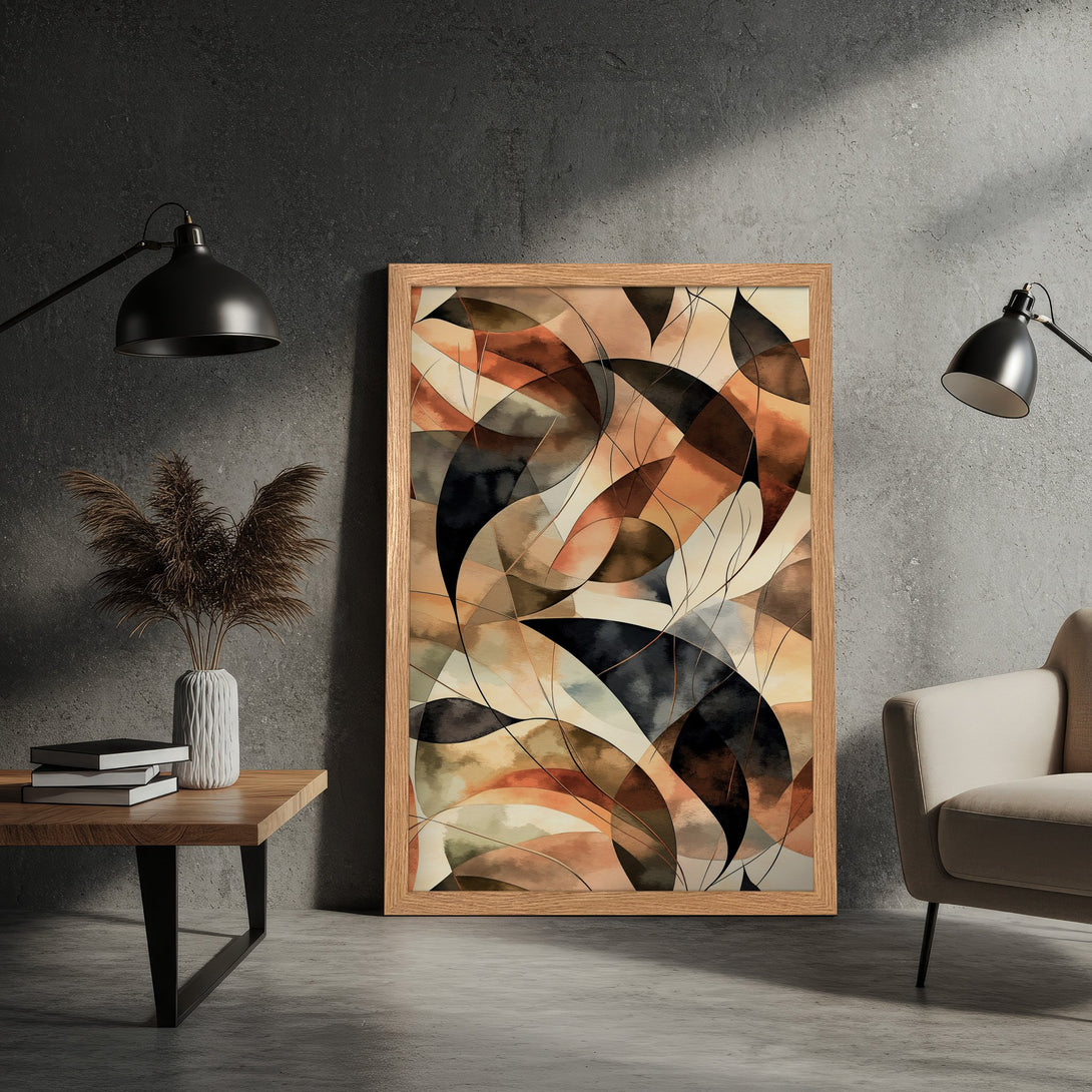 Framed Poster featuring abstract art with warm earth tones and geometric shapes. Perfect for modern home decor.