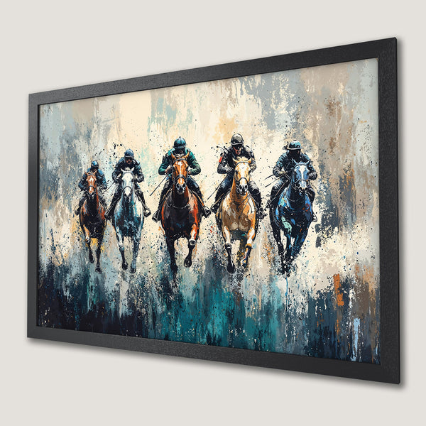 Framed Poster featuring a dynamic horse racing scene in an abstract style with a blue, brown, and beige color palette.