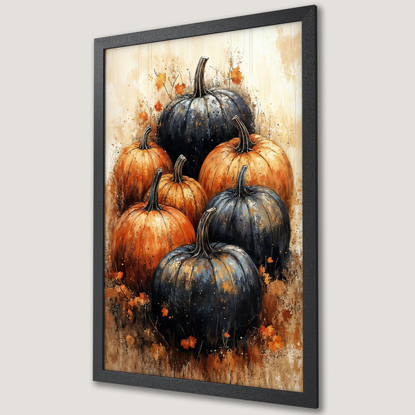 Framed Poster featuring watercolor pumpkins in autumn hues. Perfect fall decor!