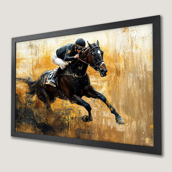 Framed Poster: Horse racing art print in abstract style with gold and black color palette. Perfect wall decor.