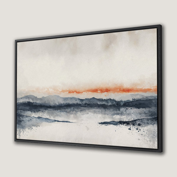 Framed Wall Art: Abstract landscape canvas print in watercolor style, featuring mountains and a sunset in muted blues, grays, and orange. Perfect for any room!