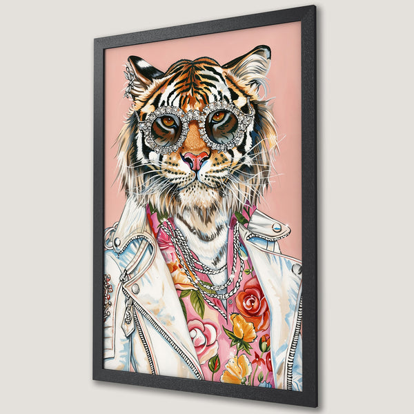 Framed Poster featuring a stylish tiger in sunglasses, vibrant floral shirt, and white jacket. Pop art style, pink & gold color palette.