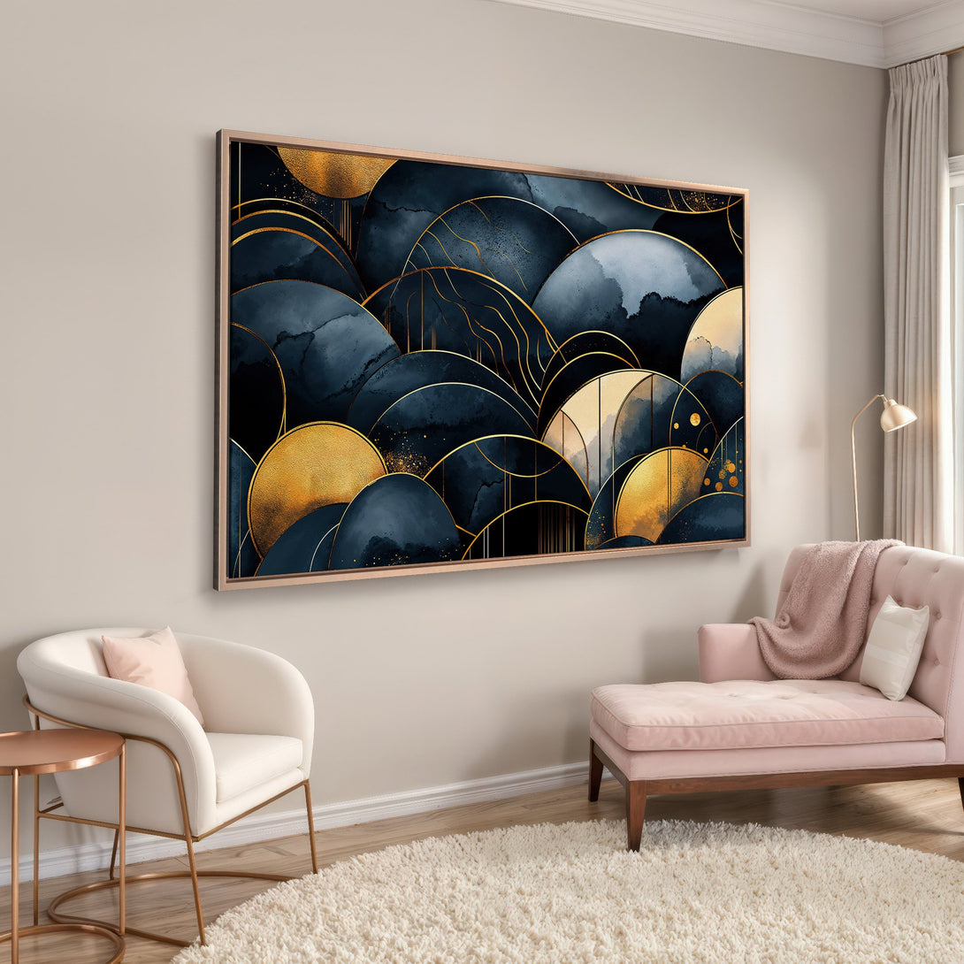 Framed Wall Art: Abstract navy and gold art print. Modern style with a luxurious color palette. Perfect for living room or bedroom decor.