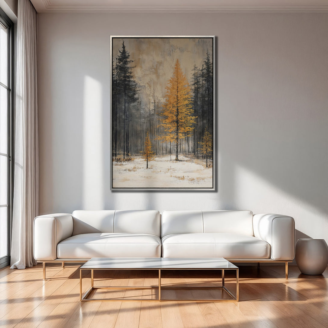 Framed Wall Art: Abstract forest scene in muted tones of gold, gray, and black. Modern canvas print adds a touch of nature to any space.