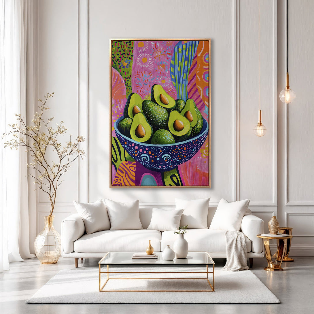 Framed Wall Art: Vibrant avocado painting in a modern interior. Colorful pop art style with green, pink, and blue hues, perfect for kitchen or dining room decor.