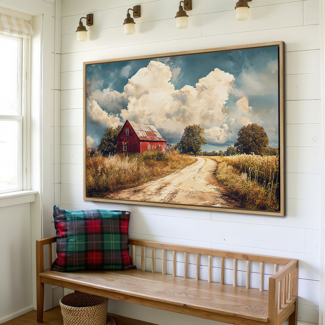 Framed Wall Art: Rustic barn scene canvas print with a warm, neutral color palette. Perfect for farmhouse decor.