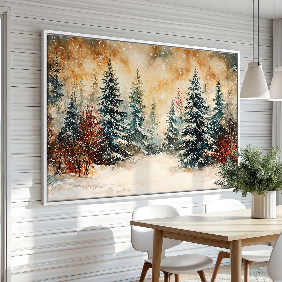 Framed Wall Art featuring a winter forest scene. Watercolor style with a warm, neutral color palette. Perfect for adding cozy vibes to your home.