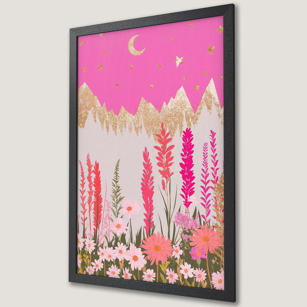 Framed Poster featuring a whimsical floral and mountain landscape in pink, gold, and red hues, perfect wall art for a stylish home.