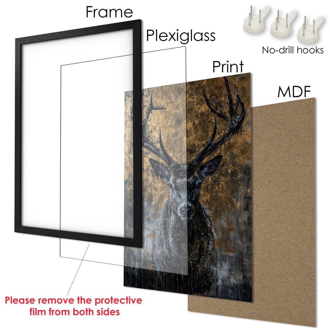 Framed Poster featuring a majestic deer in a gold and black color palette. Modern art style for home decor.