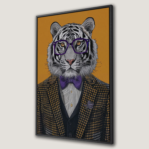 Framed Wall Art featuring a dapper tiger in glasses and a bow tie. Stylish, whimsical art in a warm yellow and purple palette. Perfect for home decor!