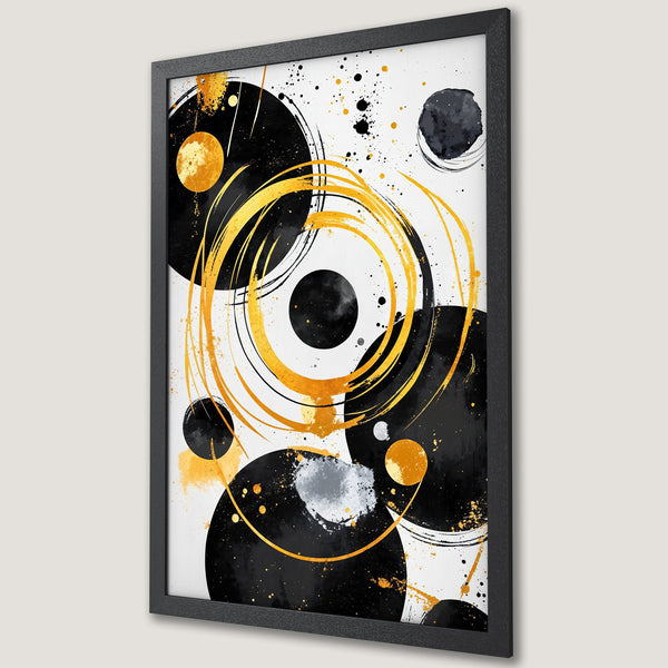 Framed Poster featuring abstract black, gold, and white art. Modern wall decor with a stylish, minimalist design. Perfect for home or office.