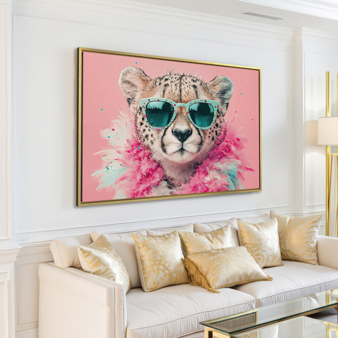 Canvas Print featuring a stylish cheetah wearing sunglasses, pink and teal color palette, perfect for adding a pop of fun to your home decor.