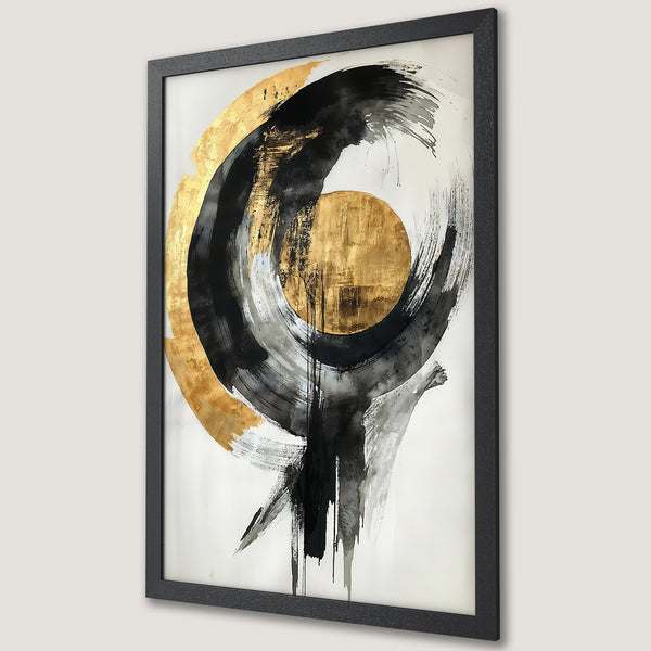 Framed Poster featuring abstract gold and black brushstrokes on white. Modern art print for home decor.