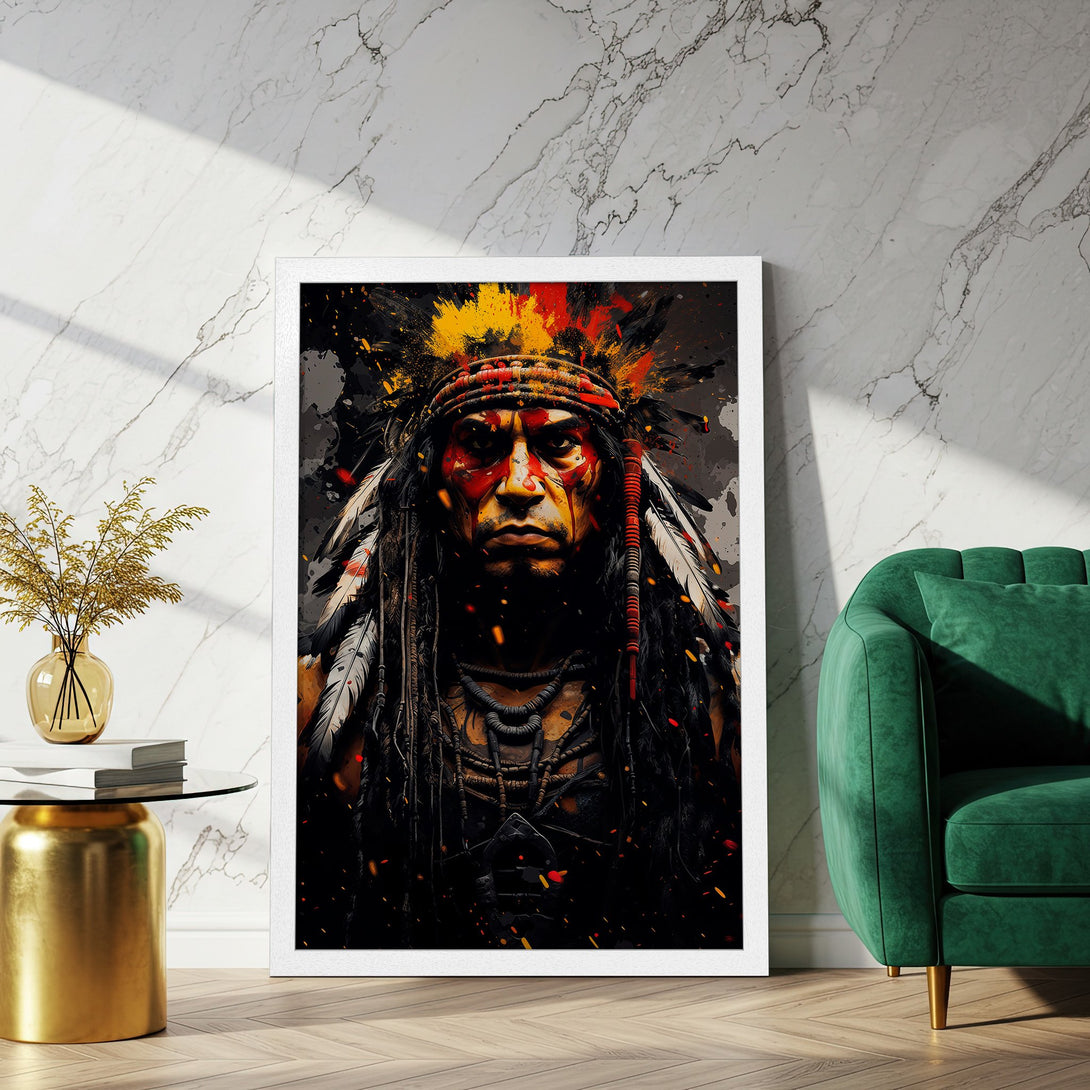 Framed Poster of Native American portrait, abstract style with red, yellow, and black color palette. Perfect wall art!