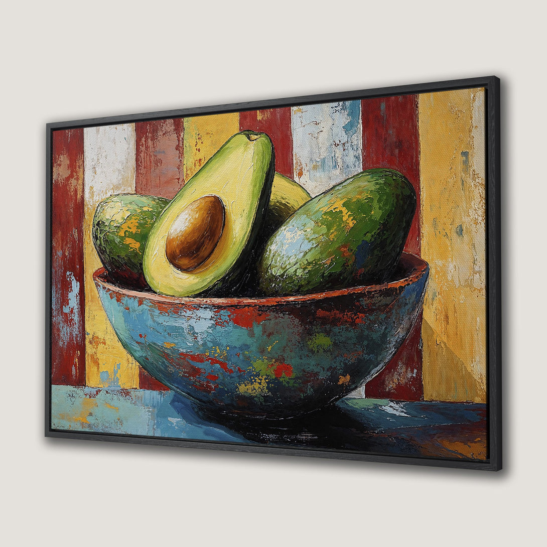 Framed Wall Art: Vibrant avocado still life painting in a colorful, textured style. Green, blue, yellow, and red hues. Perfect kitchen decor!