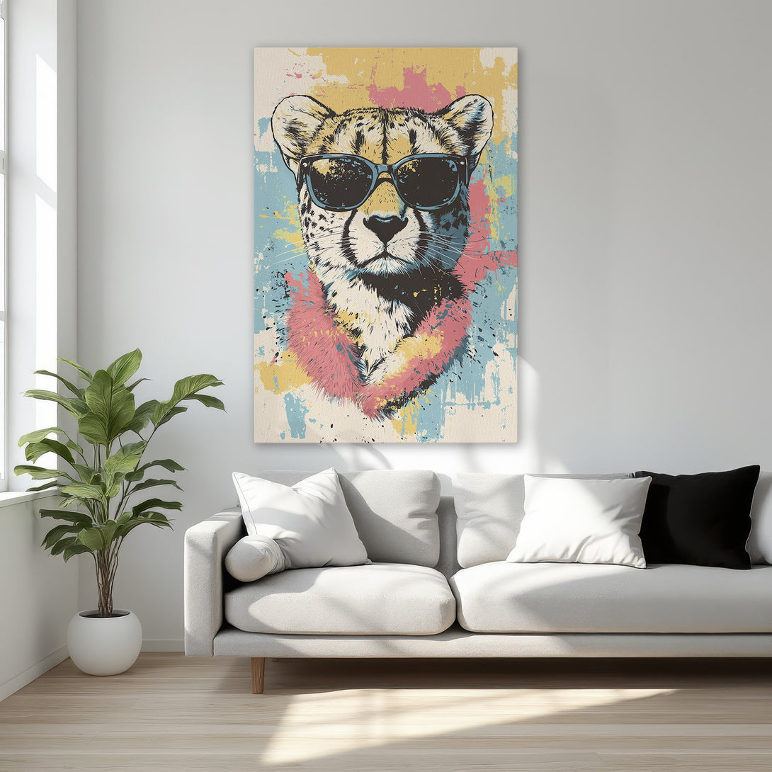 Framed Wall Art: Cool cheetah wearing sunglasses. Pop art style with vibrant pink, blue, and yellow splashes. Perfect statement piece for any room!