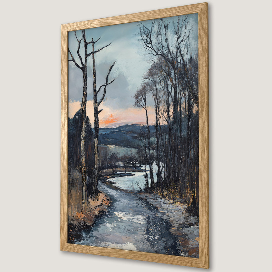 Framed Poster of a serene landscape painting with a muted blue, gray, and brown color palette. Features trees and a river in an impressionistic style.