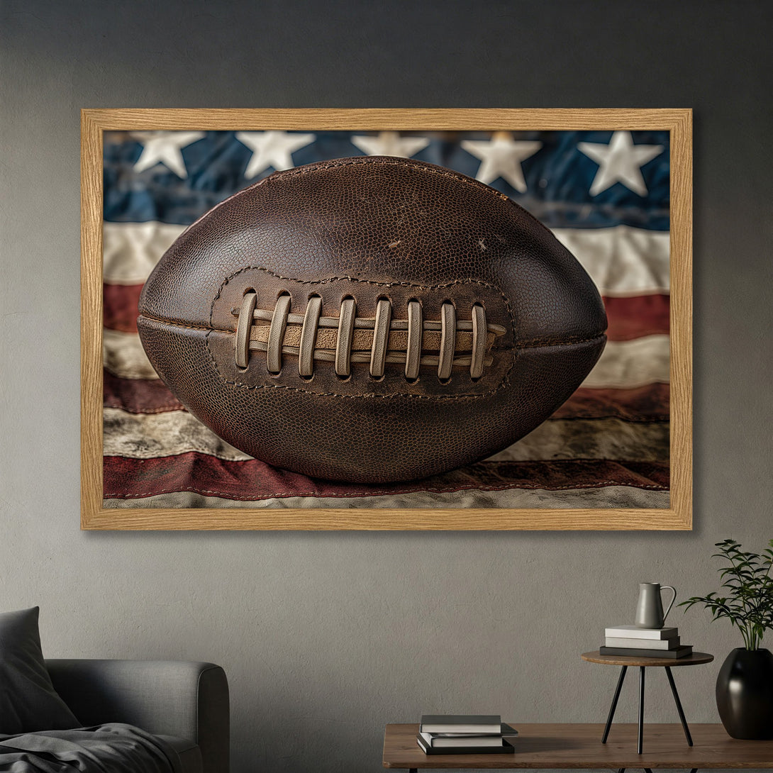 Framed Poster featuring a vintage football over an American flag. Rustic style with brown, red, and blue color palette. Perfect wall art!