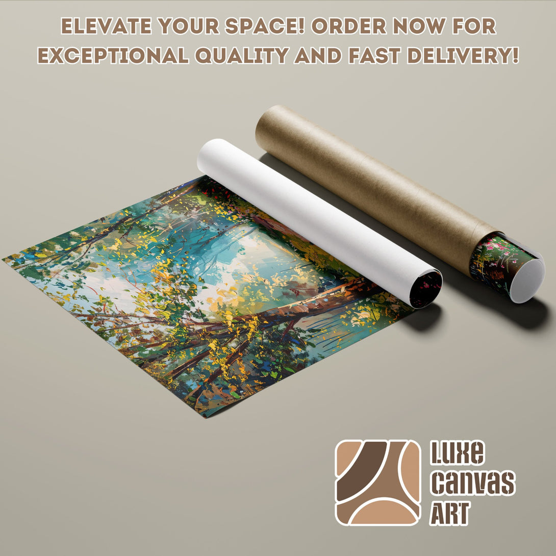 Poster Roll featuring a vibrant landscape painting with blues, greens, and yellows. Elevate your space!