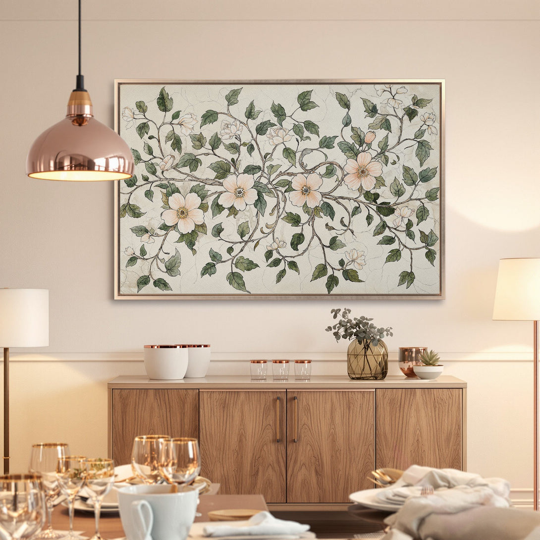 Framed Wall Art: Floral Canvas Print in soft blush and green tones. Perfect for adding a touch of elegance to your dining room decor.