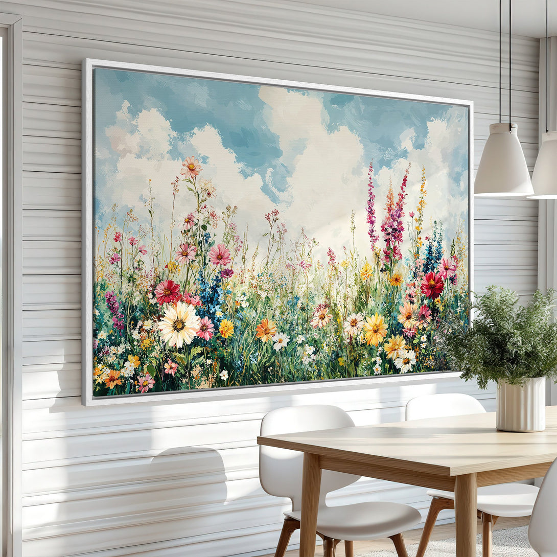 Framed Wall Art: Vibrant floral meadow canvas print with a colorful palette of blues, pinks, yellows, and greens. Perfect for adding a touch of nature to your home!