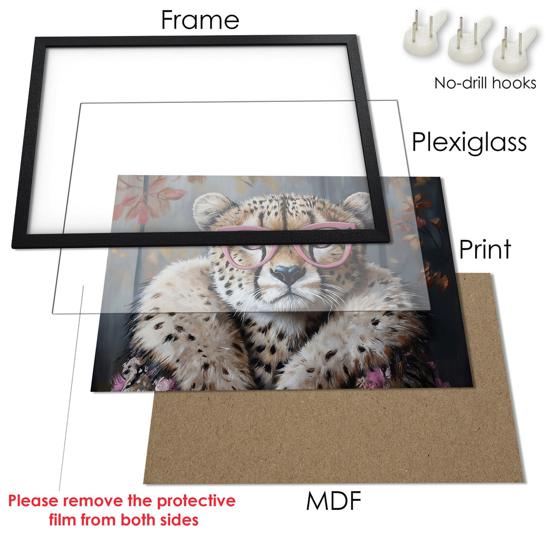 Framed Poster featuring a cheetah with pink glasses, in a painterly style with neutral and pink tones. Perfect wall art!