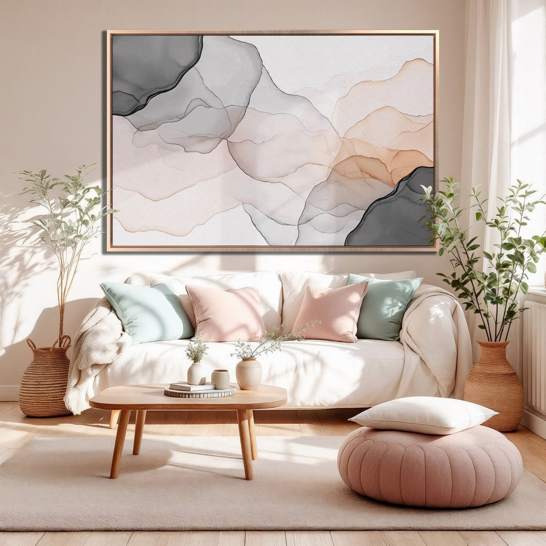 Framed Wall Art: Abstract fluid art canvas print in neutral tones of gray, blush, and beige. Modern art for a stylish living room.