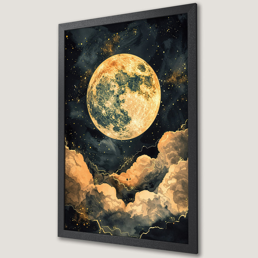 Framed Poster featuring a stunning watercolor moon and cloudscape. Celestial art in dark blue, gold, and orange tones. Perfect wall decor.