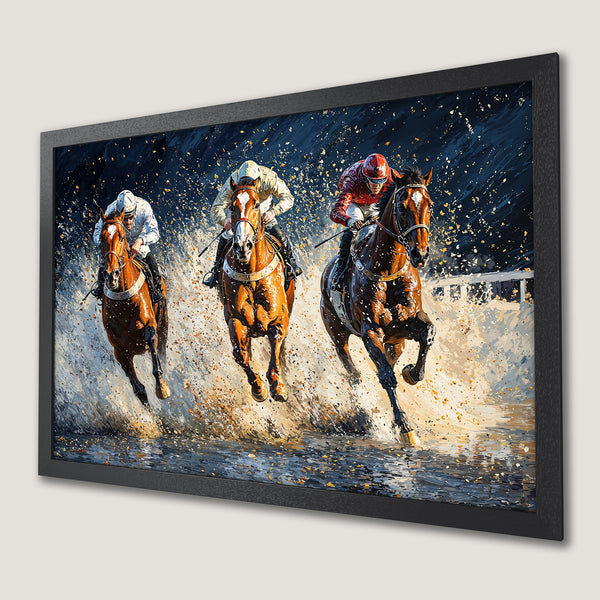 Framed Poster of a horse race in an expressive style with a dark blue and brown color palette. Dynamic artwork for your home!