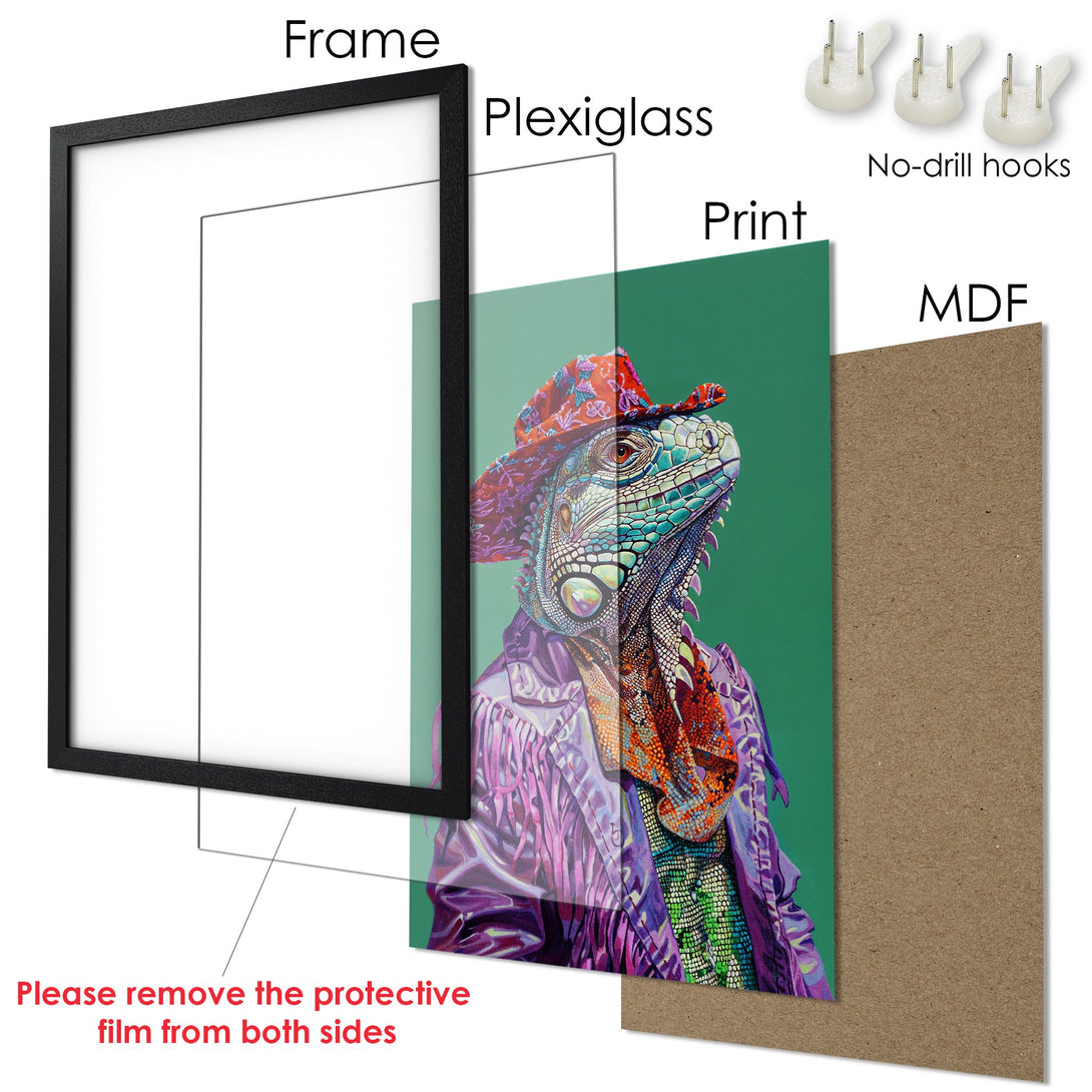 Framed Poster: Colorful iguana art print in a black frame. Vibrant green, purple, and orange color palette. Ready to hang!