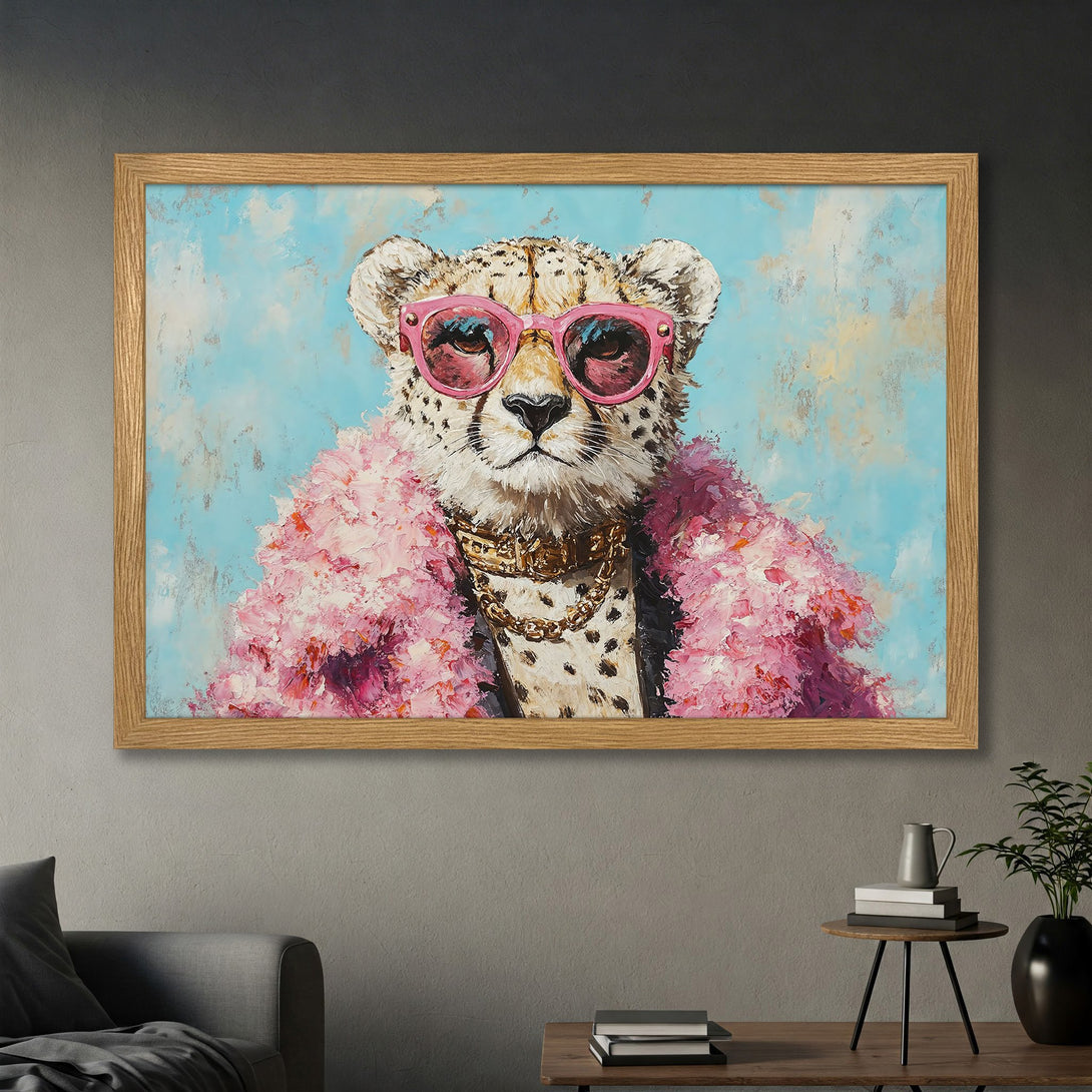 Framed Poster featuring a stylish cheetah in pink sunglasses and a pink boa, painted in an expressive style with a pastel color palette.