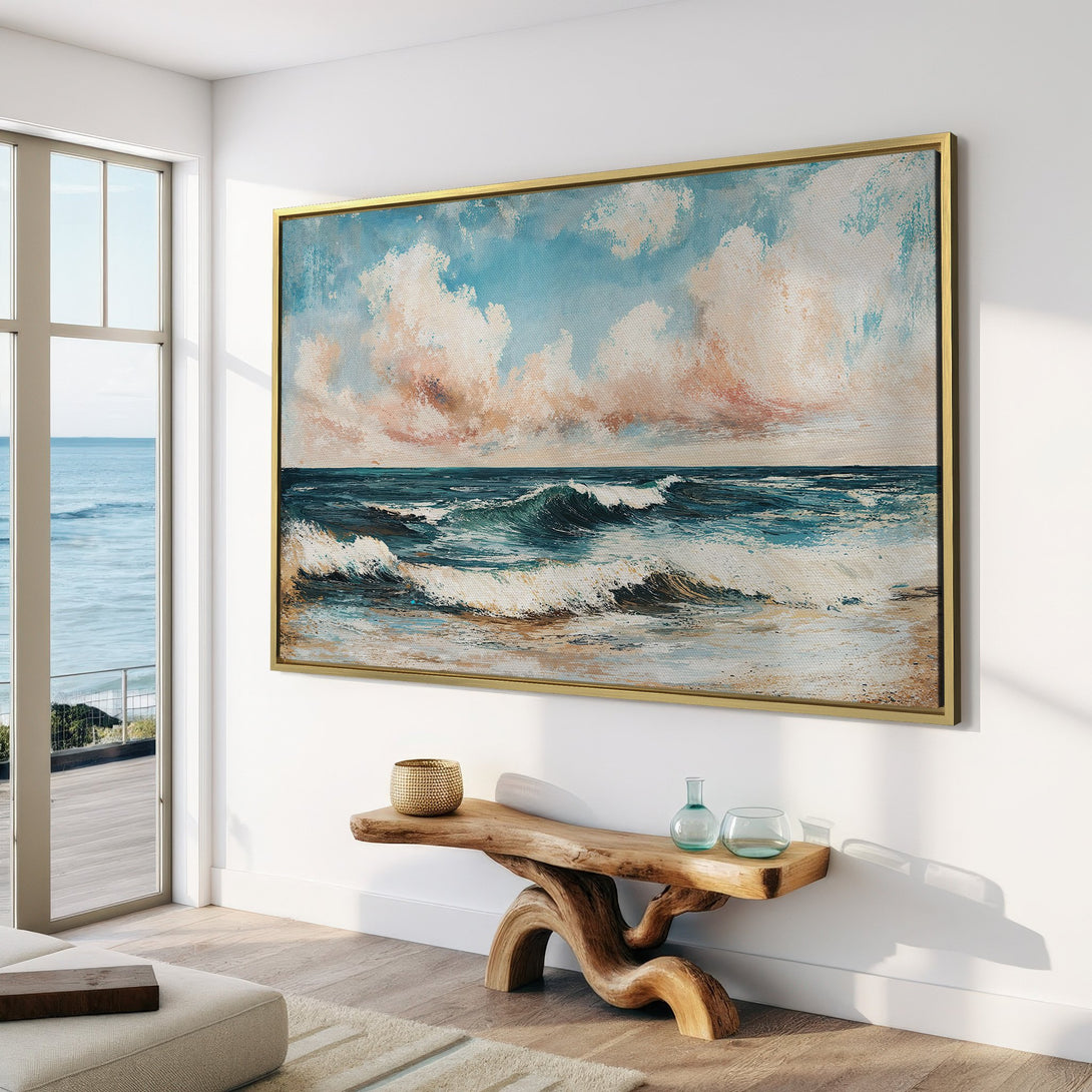 Canvas Print of a serene ocean scene with blue and beige hues, perfect for coastal decor. Bring the calming waves into your home!