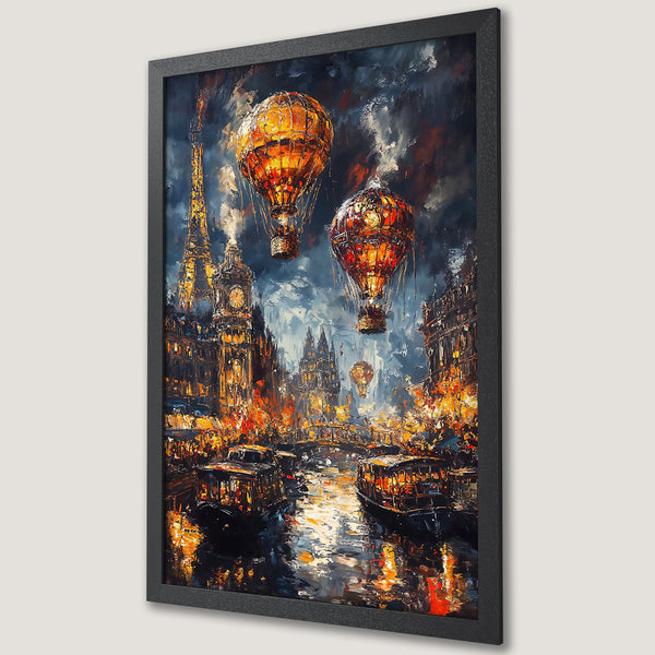 Framed Poster of a vibrant cityscape with hot air balloons, impressionist style, warm orange and cool blue tones.
