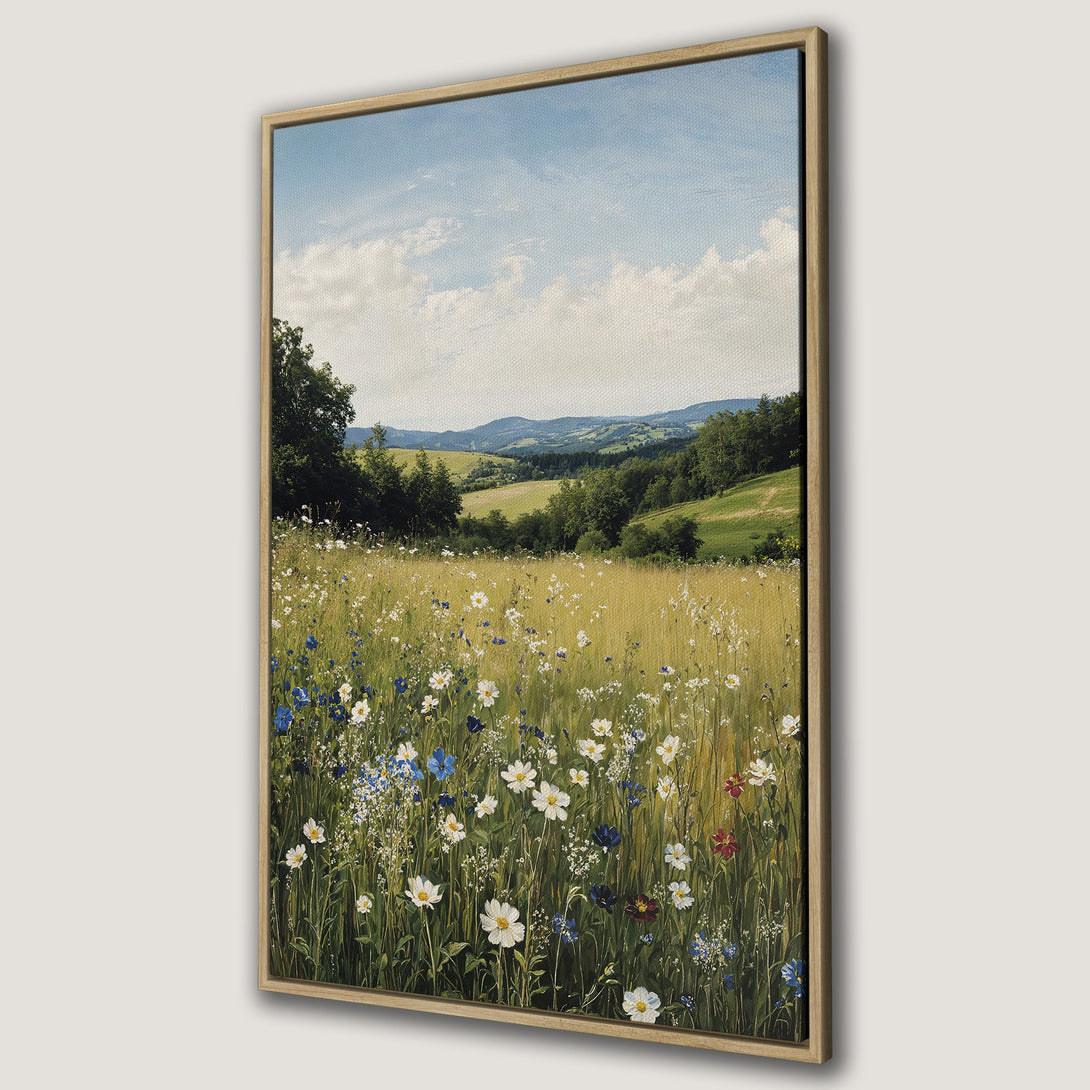 Framed Wall Art featuring a serene landscape with a wildflower meadow. Pastel color palette with blues, greens, and yellows. Perfect for adding a touch of nature to your home.
