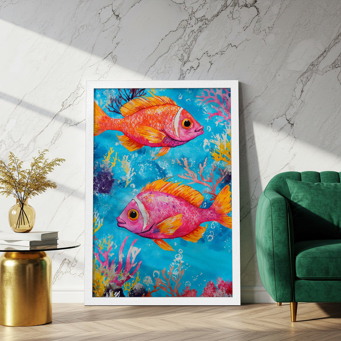 Framed Poster featuring colorful fish art with a vibrant blue, pink, and orange palette. Perfect for adding a splash of ocean-inspired style!