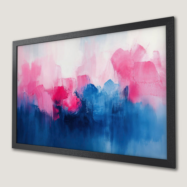 Framed Poster featuring abstract art with pink and blue brushstrokes. Modern art print for your home decor.