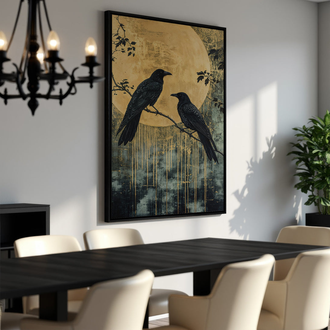Framed Wall Art featuring two crows on a branch with a gold moon, in a moody, modern style. Black, gold, and teal color palette. Perfect home decor.