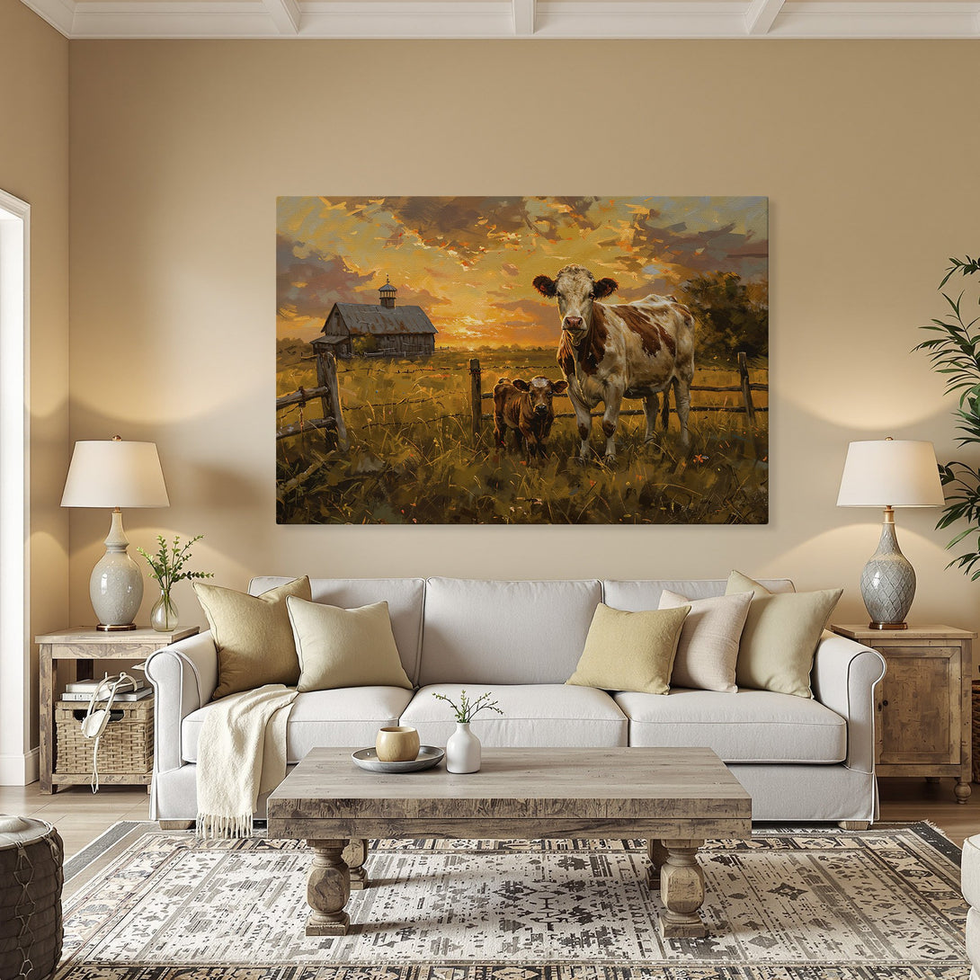 Framed Wall Art: Rustic cow painting in warm sunset hues. Farmhouse style canvas print adds cozy charm to any room.