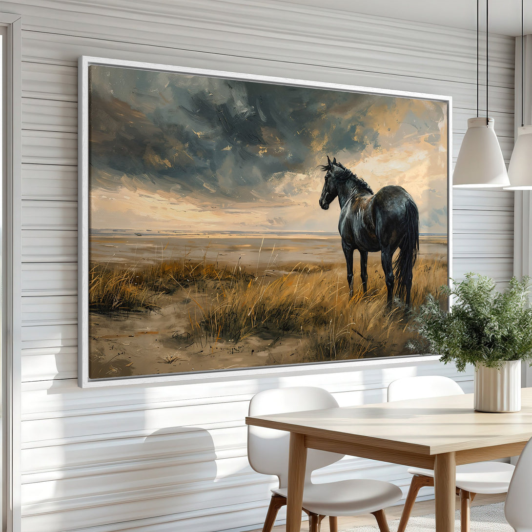 Framed Wall Art: Dramatic horse painting in moody, earthy tones. Perfect for adding a touch of elegance to any room. Canvas Print with a stunning landscape.