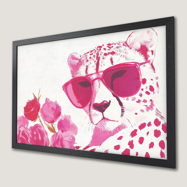 Framed Poster featuring a stylish cheetah wearing sunglasses, painted in a pink and white color palette. Add a touch of chic to your space!