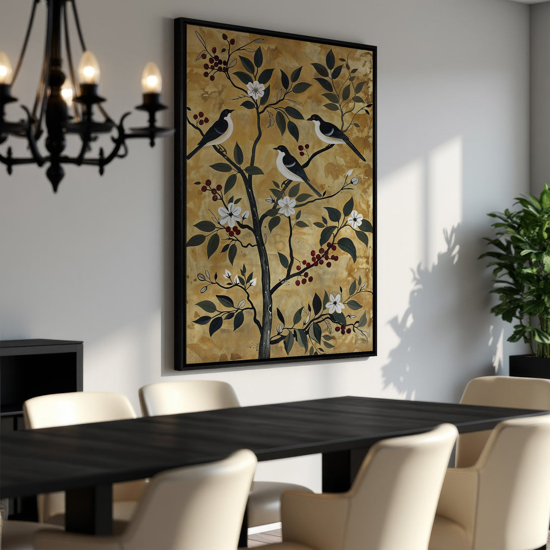 Framed Wall Art: Elegant bird and tree illustration in gold, black, and white. Perfect for dining room decor. Bring nature's beauty indoors with this Canvas Print.