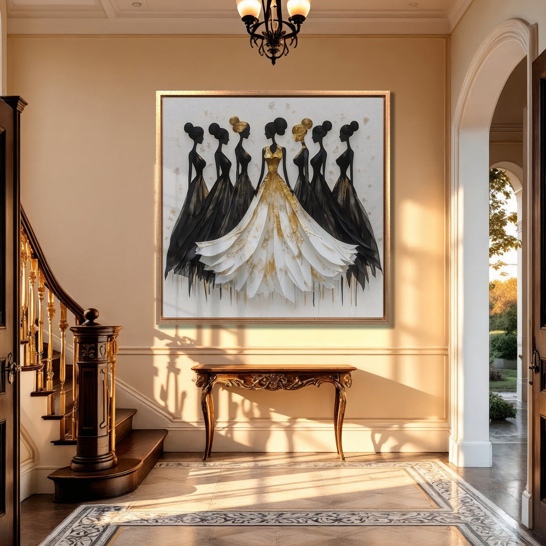 Framed Wall Art featuring elegant figures in black, white, and gold. Modern art print adds a touch of luxury to any interior. Shop now!