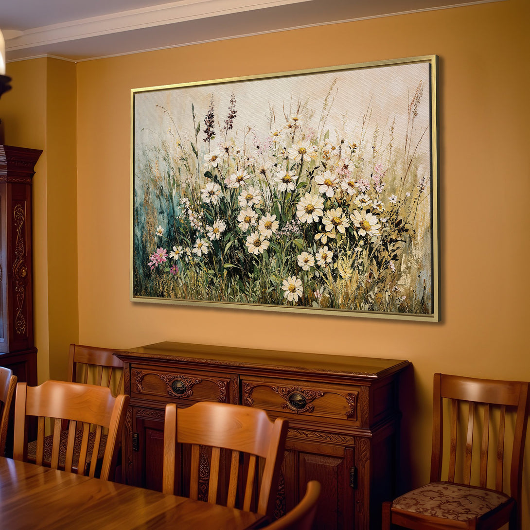 Canvas Print featuring a floral meadow painting in soft, neutral tones. Perfect for adding a touch of nature and elegance to your living room.