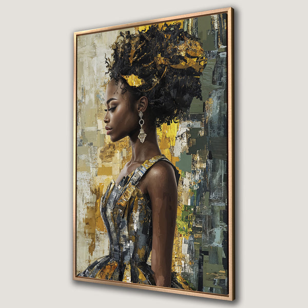 Framed Wall Art: Abstract portrait of a Black woman in gold and black, with a textured, modern art style. Perfect for adding elegance to any space.
